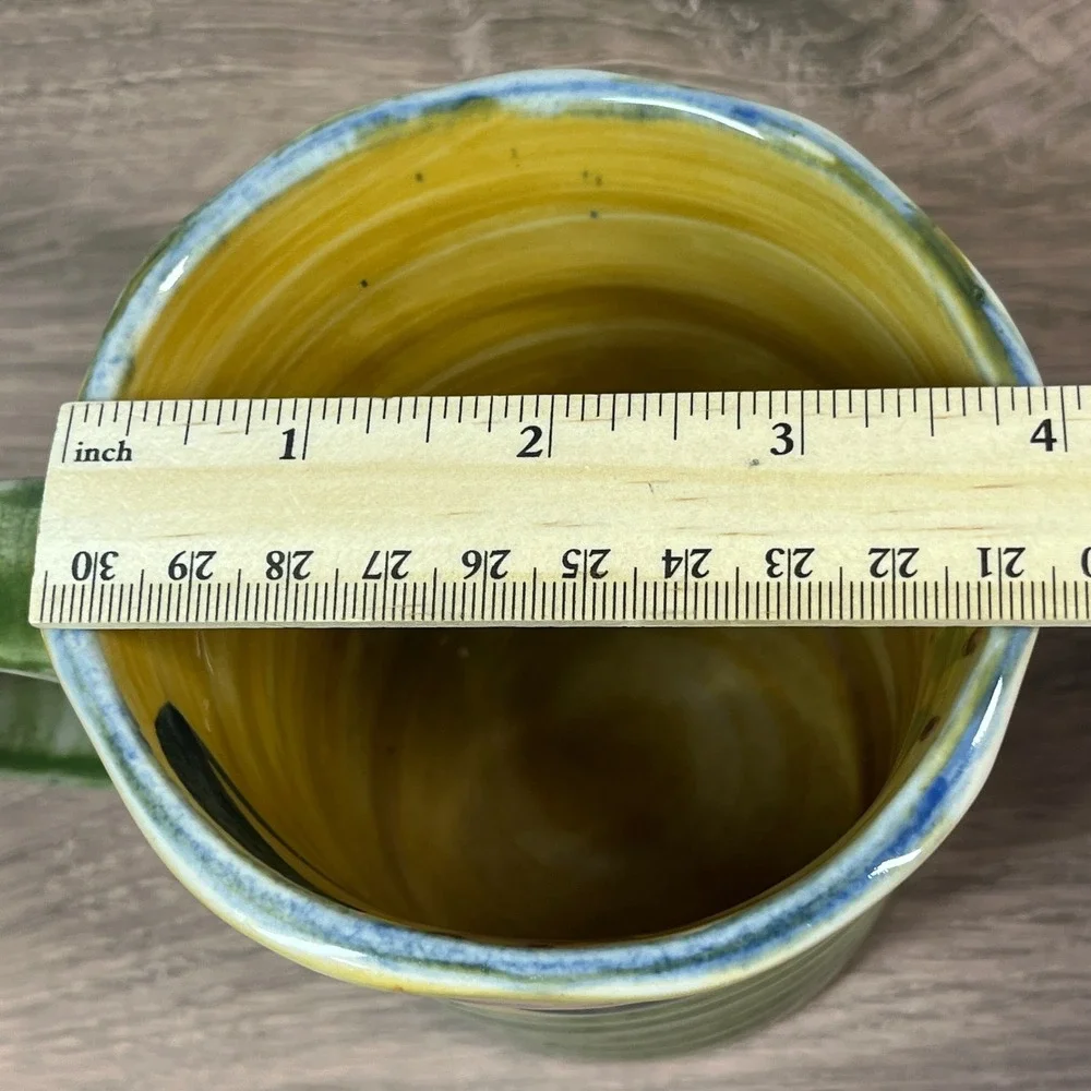 Pier 1 Elizabeth 16oz Coffee Tea‎ Mug Green Yellow Handpainted Floral Stoneware
